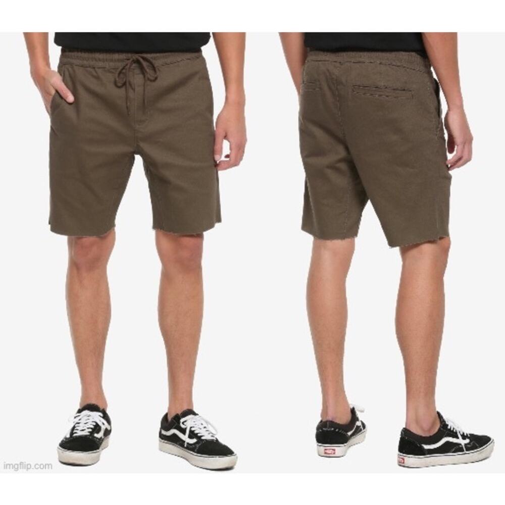 Hot Topic NWT Men's XS HT Denim Brown Jogger Shorts Drawstring Raw Hem Comfort